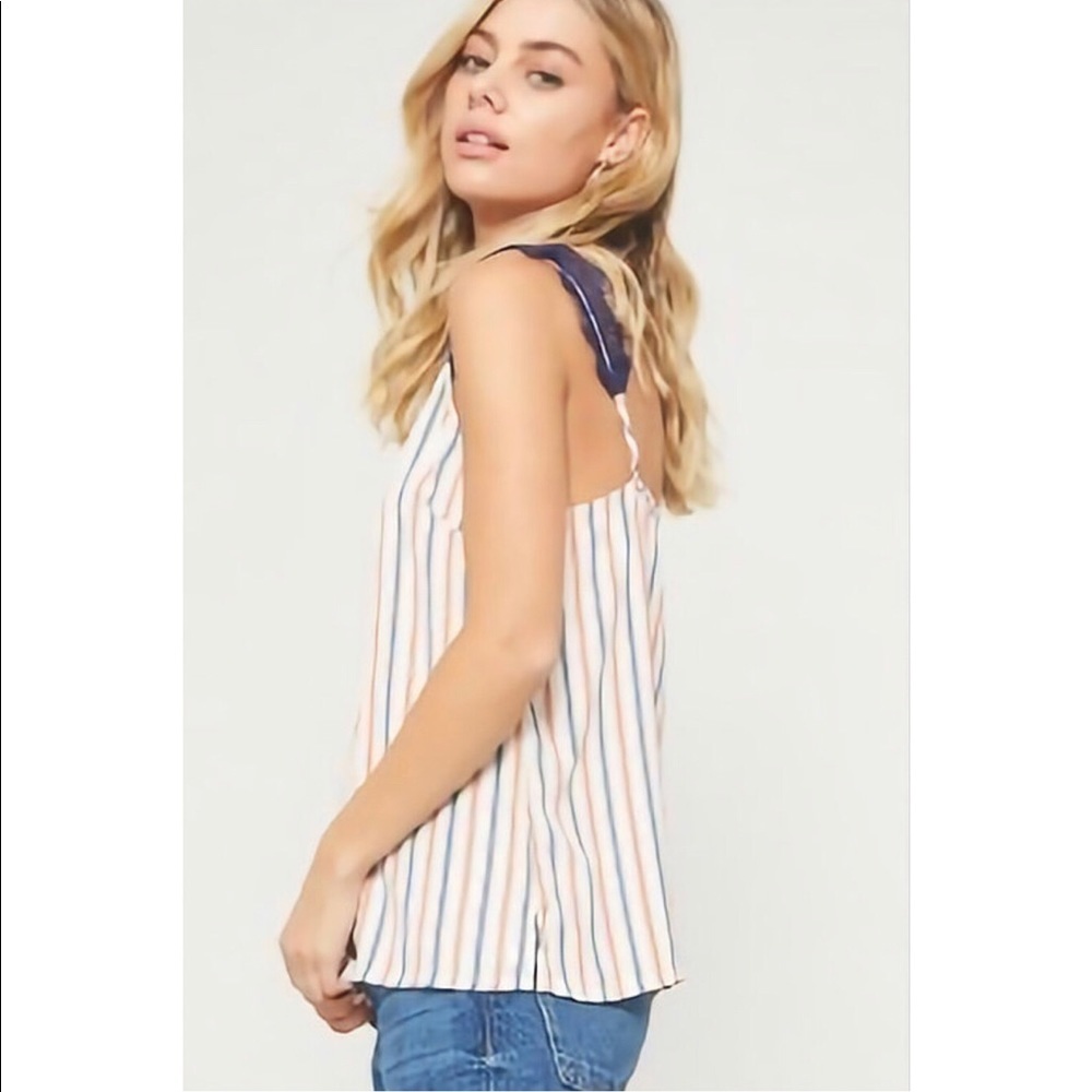 Multi Color Striped Cami with Eyelash Lace Straps - Picture 4 of 7